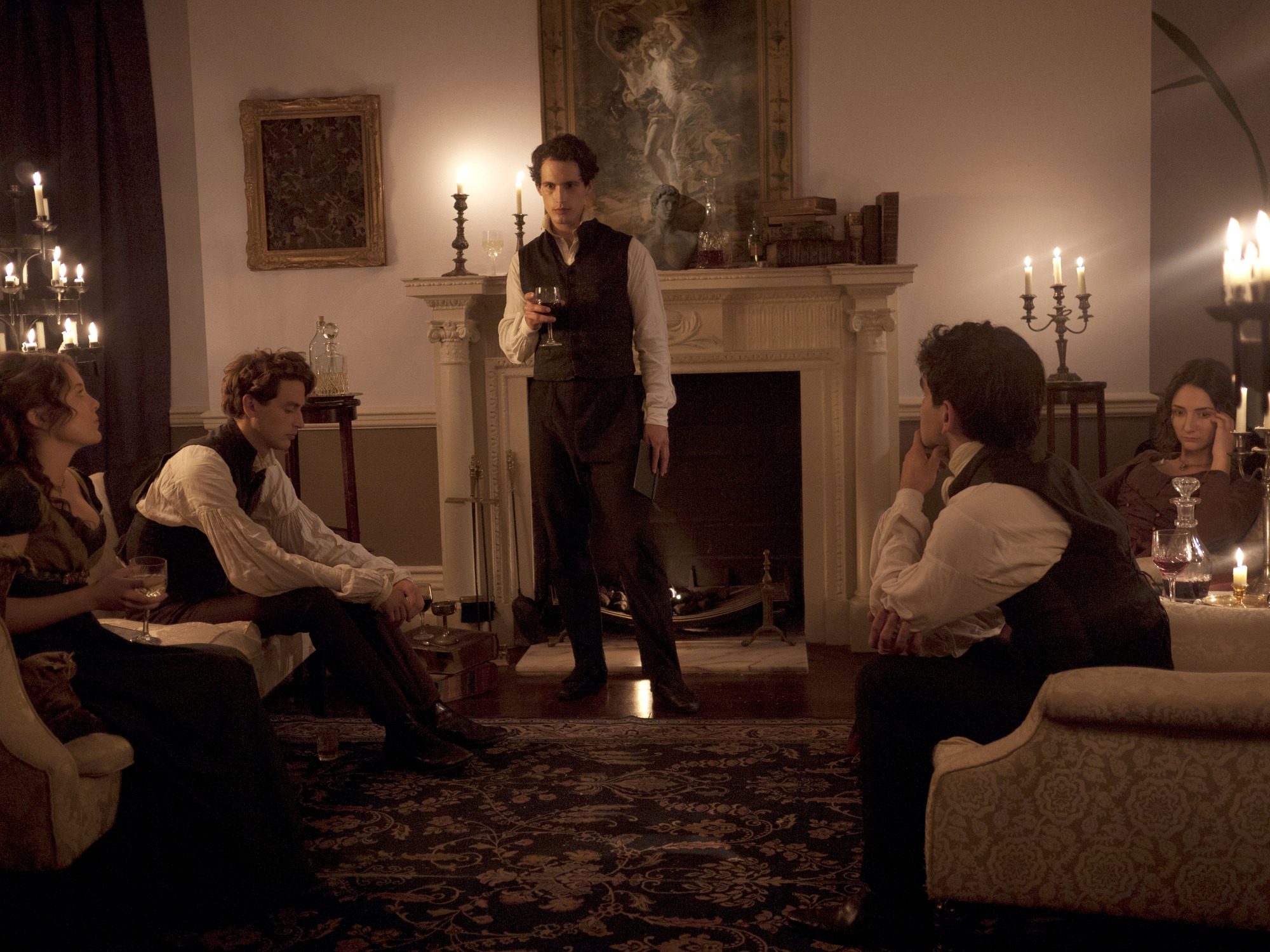 Programme Name: A Dark And Stormy Night: When Horror Was Born - TX: n/a - Episode: n/a (No. n/a) - Picture Shows: (L-R) Claire Clairmont (CATHERINE LAMB), Percy Shelley (TIMOTHY RENOUF), Byron (ROB HEAPS), John Polidori (SAM SWANN), Mary Shelley (HANNAH TAYLOR GORDON) - (C) Oxford Scientific Films - Photographer: Mira Aroyo